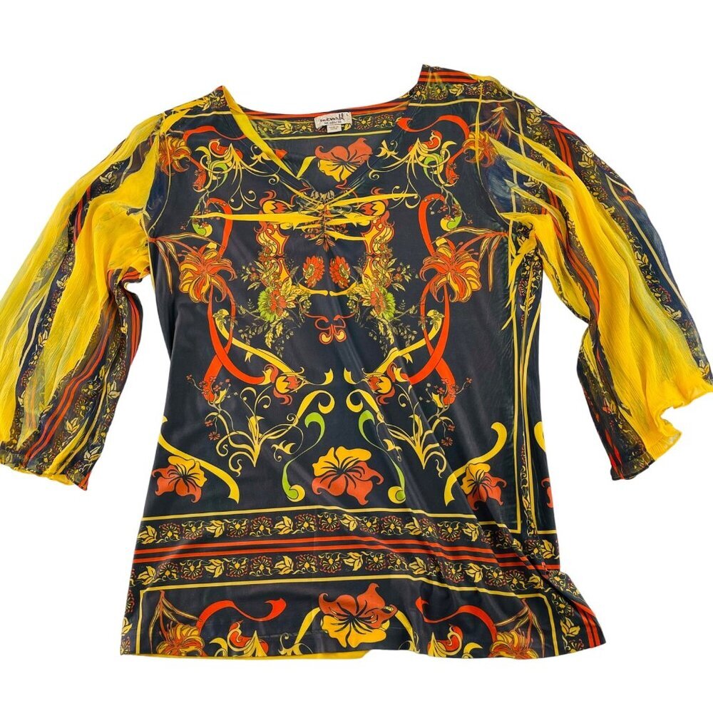 One World Women's Large Floral Print Top‎ 3/4 Sleeves y2k yellow black BOHO